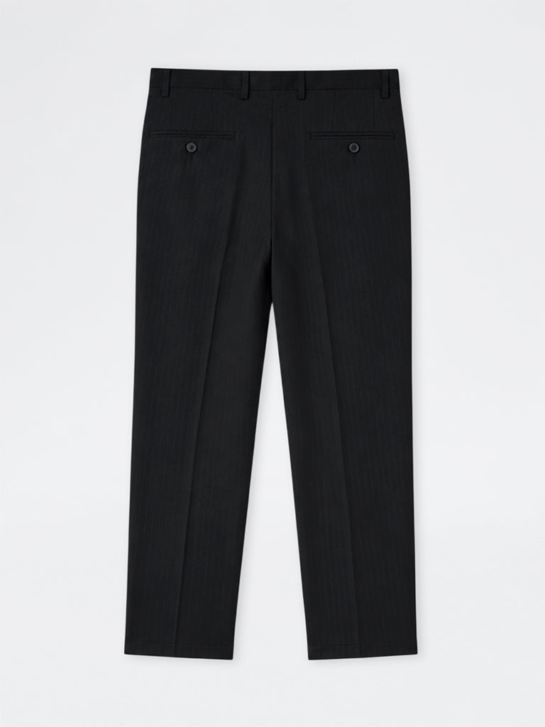 WES Formals Black Pinstripe Slim-Fit Mid-Rise Trousers