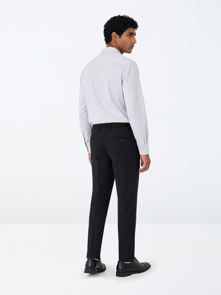 WES Formals Black Pinstripe Slim-Fit Mid-Rise Trousers