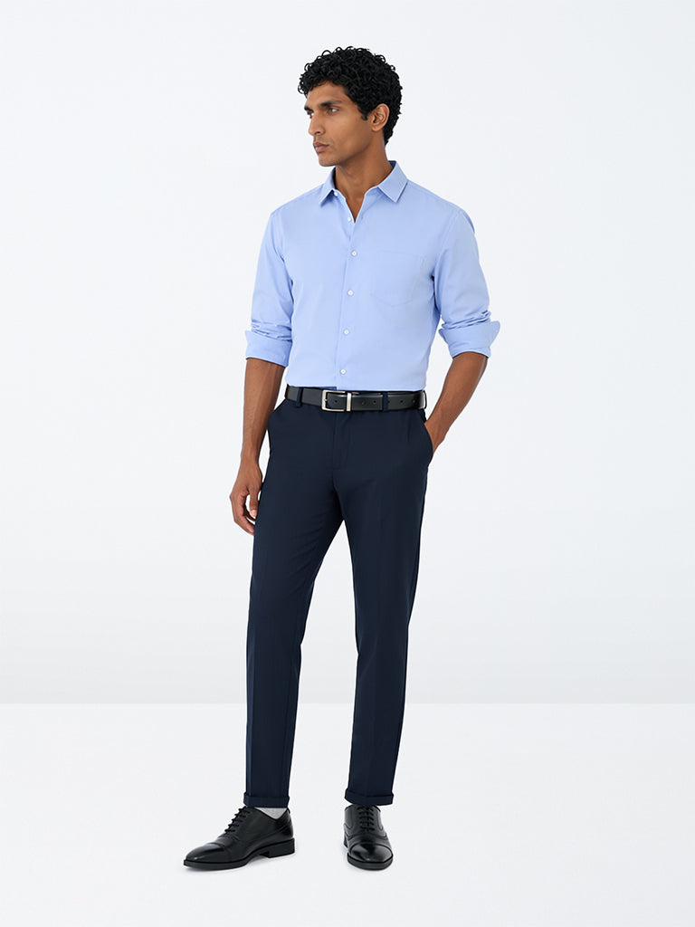 WES Formals Navy Pinstripe Slim-Fit Mid-Rise Trousers