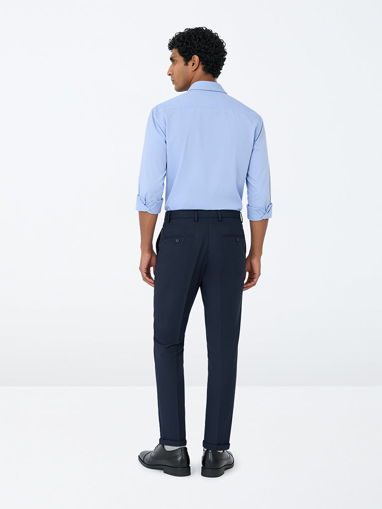 WES Formals Navy Pinstripe Slim-Fit Mid-Rise Trousers
