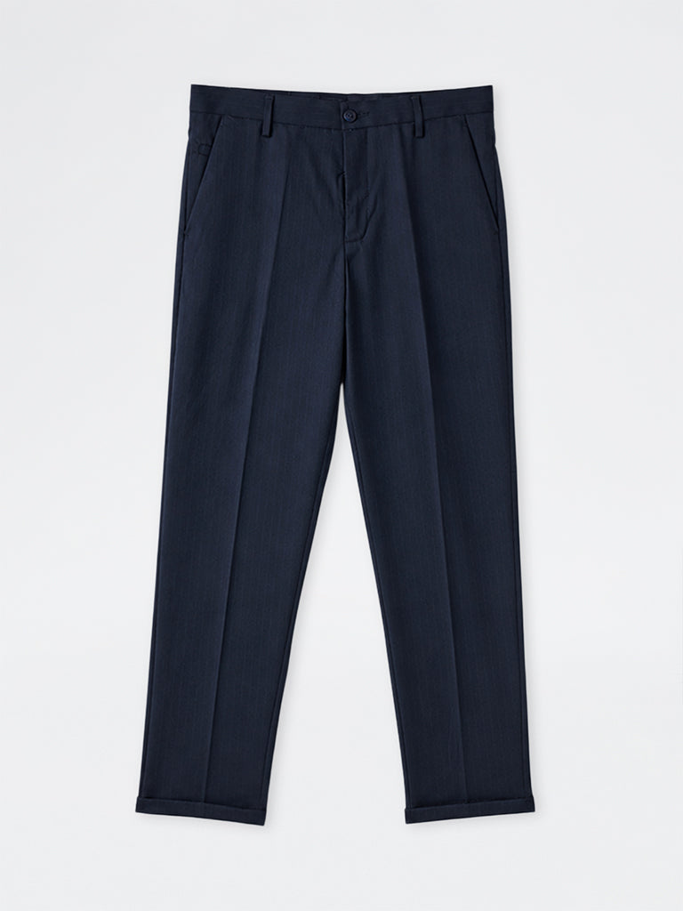 WES Formals Navy Pinstripe Slim-Fit Mid-Rise Trousers