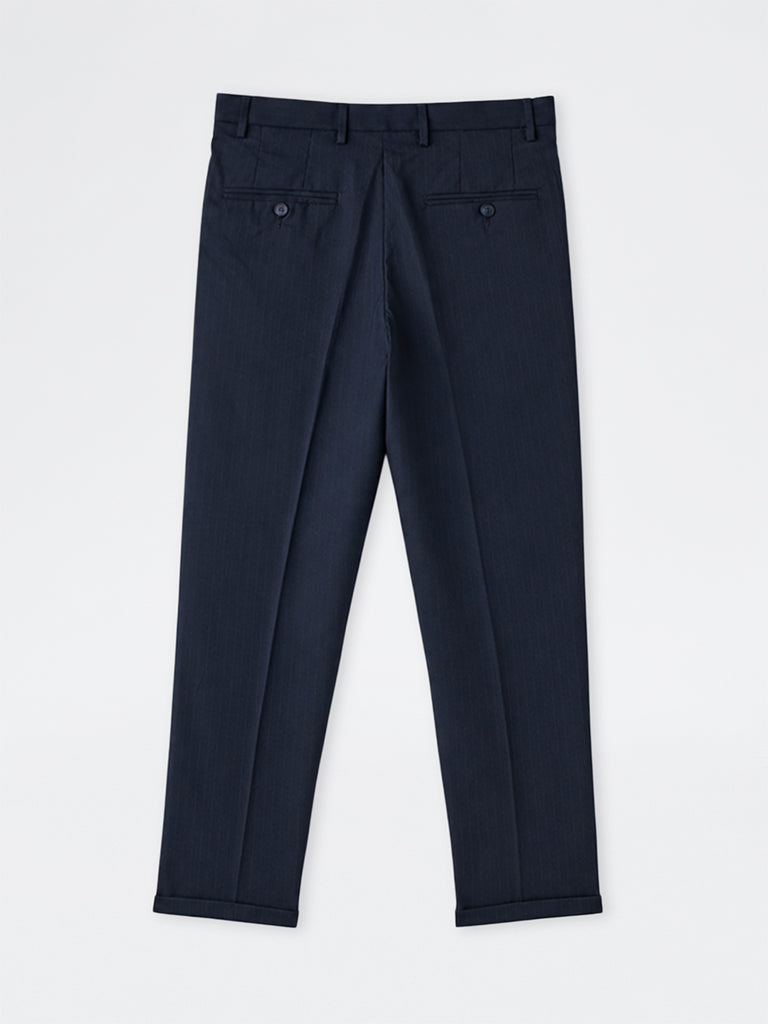 WES Formals Navy Pinstripe Slim-Fit Mid-Rise Trousers