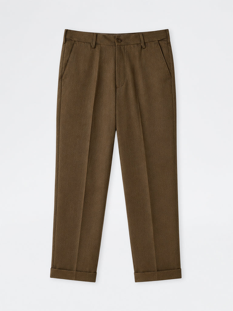 WES Formals Brown Solid Slim-Fit Mid-Rise Trousers