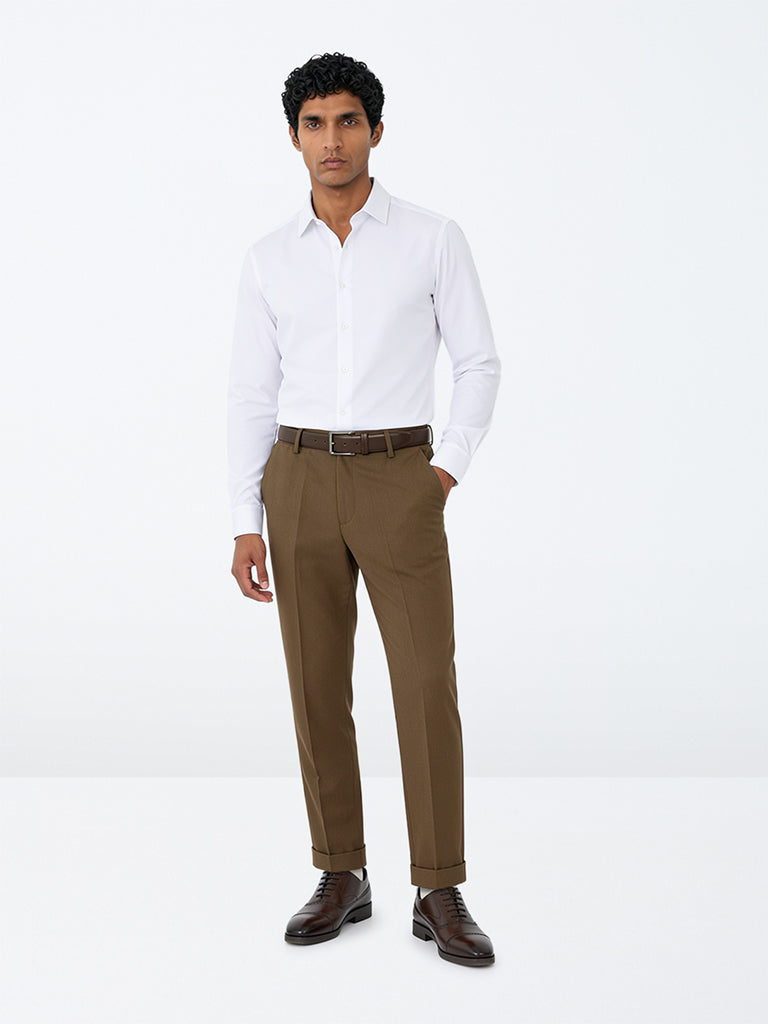 WES Formals Brown Solid Slim-Fit Mid-Rise Trousers