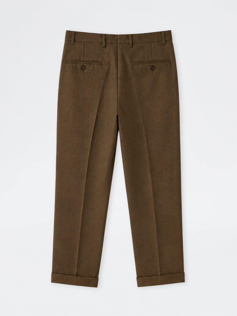 WES Formals Brown Solid Slim-Fit Mid-Rise Trousers