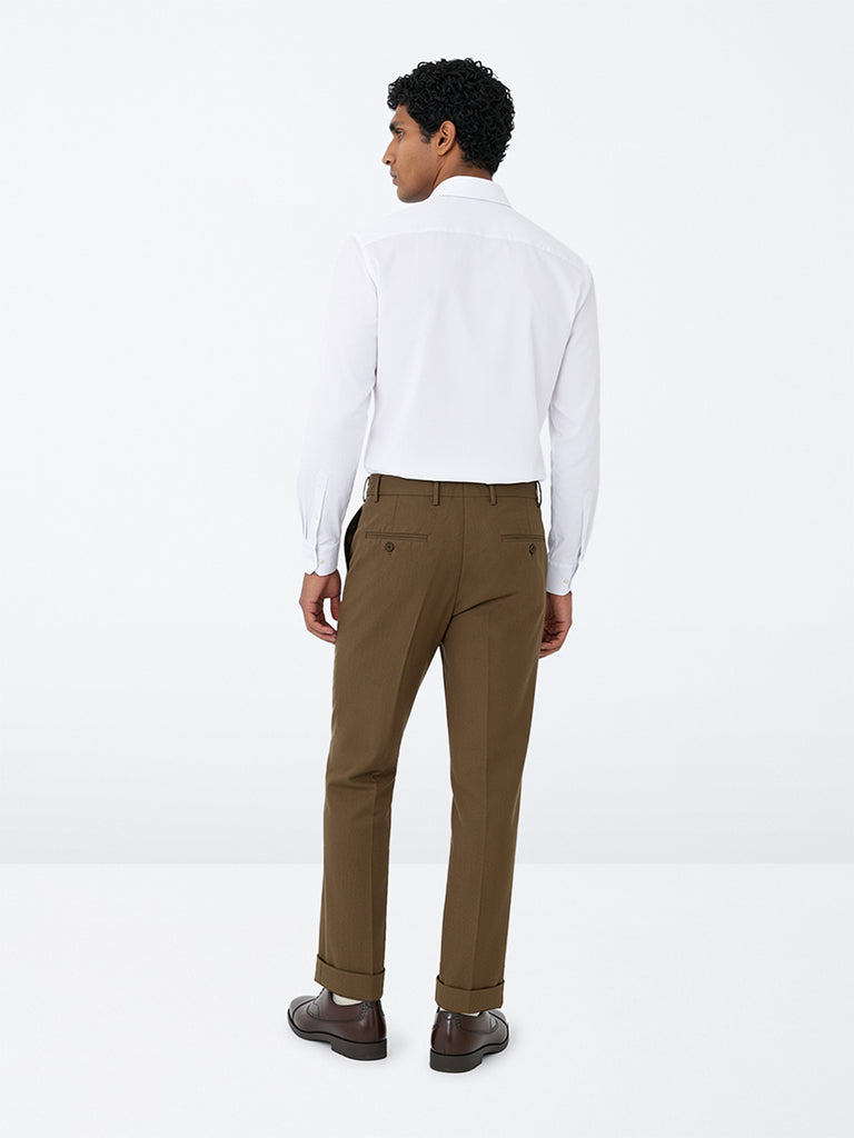 WES Formals Brown Solid Slim-Fit Mid-Rise Trousers