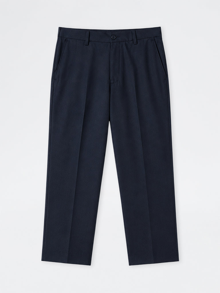 WES Formals Navy Solid Slim-Fit Mid-Rise Trousers