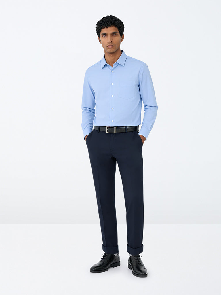 WES Formals Navy Solid Slim-Fit Mid-Rise Trousers
