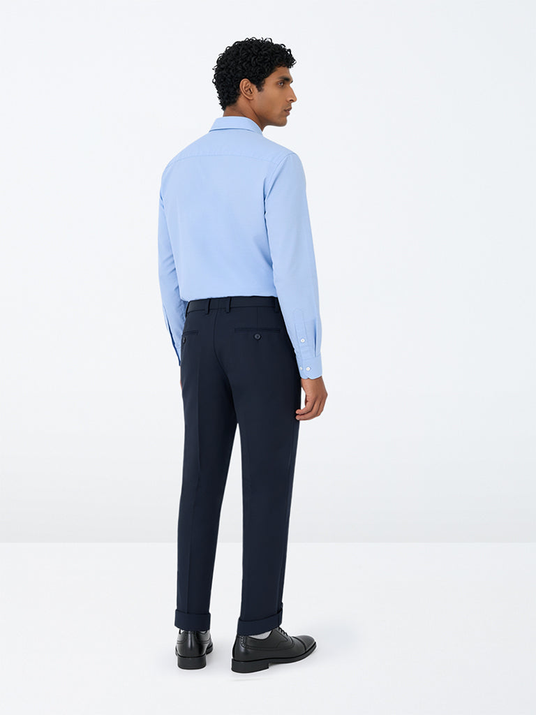 WES Formals Navy Solid Slim-Fit Mid-Rise Trousers