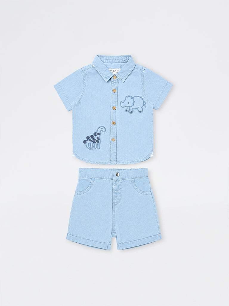 HOP Baby Boys Light Blue Dinosaur Embroidered Cotton Shirt and Shorts Set