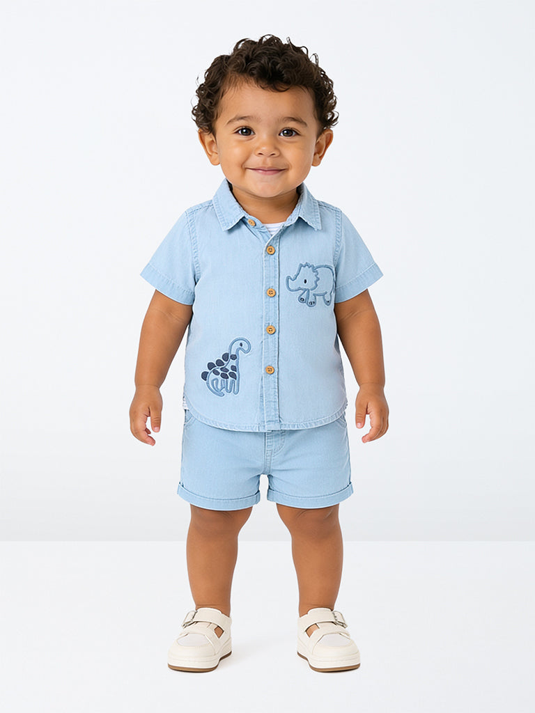 HOP Baby Boys Light Blue Dinosaur Embroidered Cotton Shirt and Shorts Set