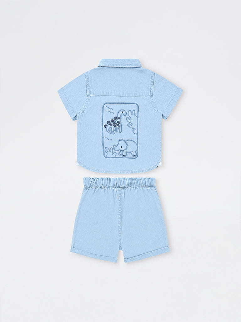 HOP Baby Boys Light Blue Dinosaur Embroidered Cotton Shirt and Shorts Set