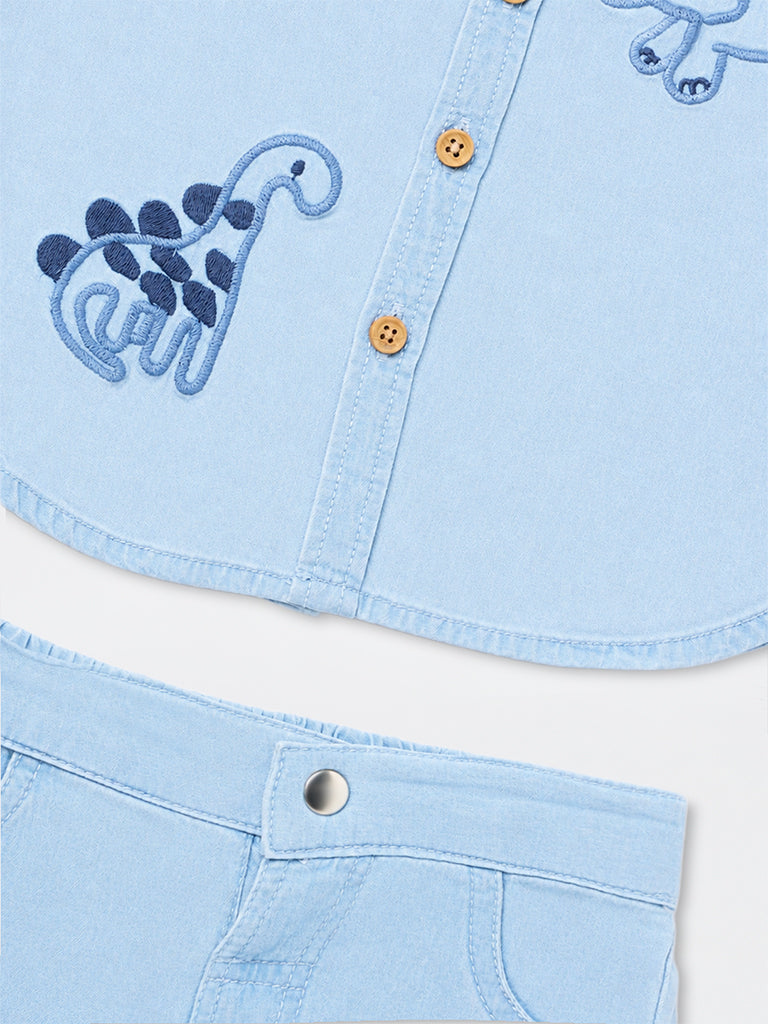 HOP Baby Boys Light Blue Dinosaur Embroidered Cotton Shirt and Shorts Set
