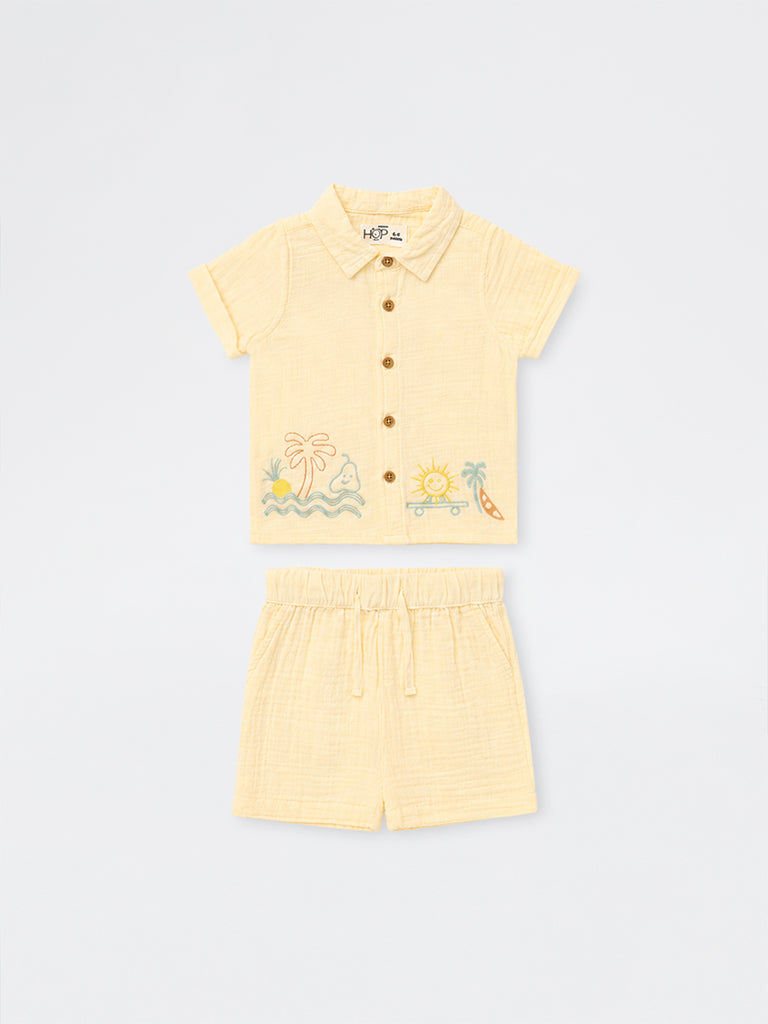 HOP Baby Boys Light Yellow Embroidered Cotton Shirt and Shorts Set