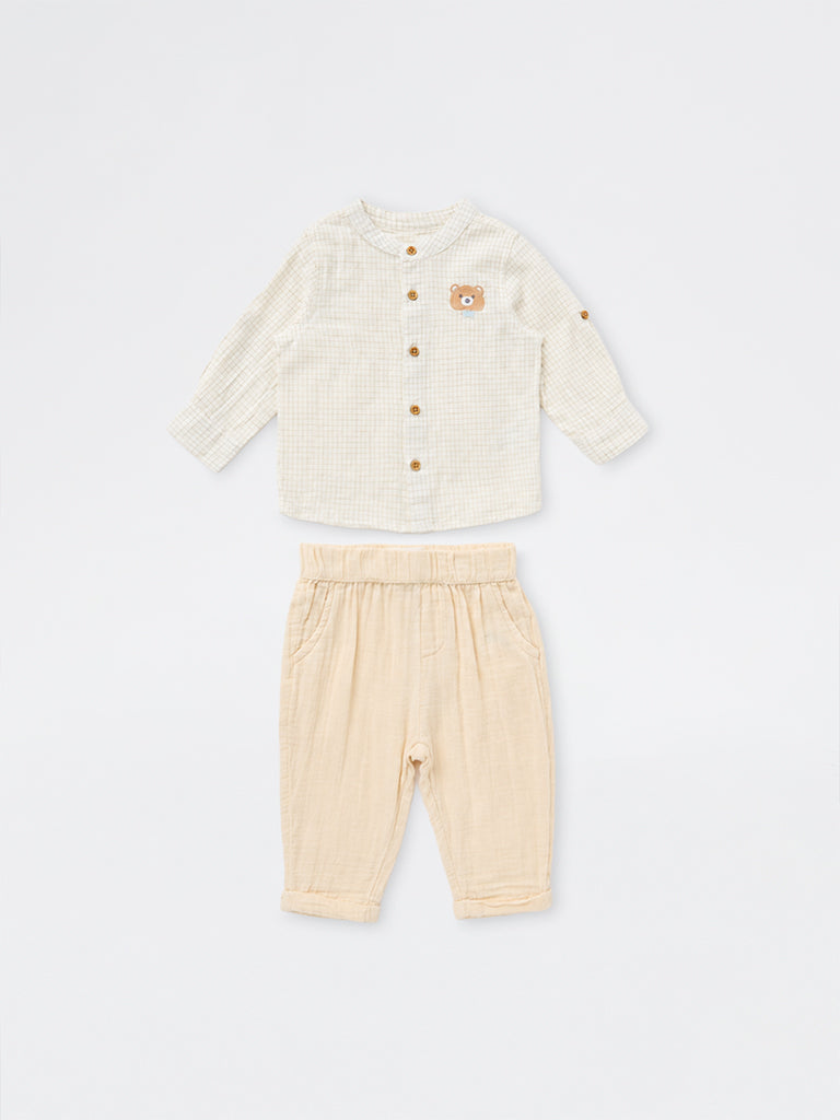 HOP Baby Boys Off-White Checkered Cotton-Blend Shirt and Pants Set