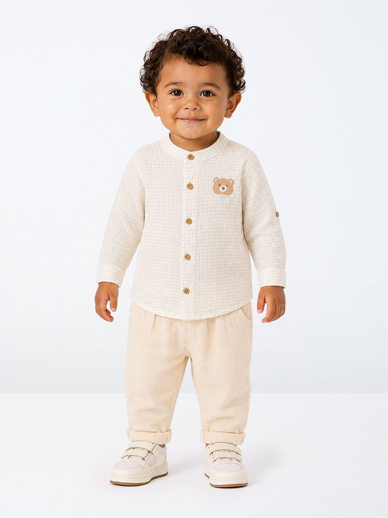 HOP Baby Boys Off-White Checkered Cotton-Blend Shirt and Pants Set