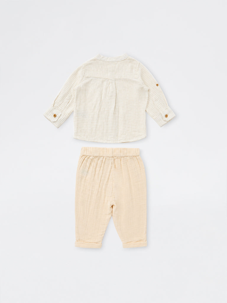 HOP Baby Boys Off-White Checkered Cotton-Blend Shirt and Pants Set