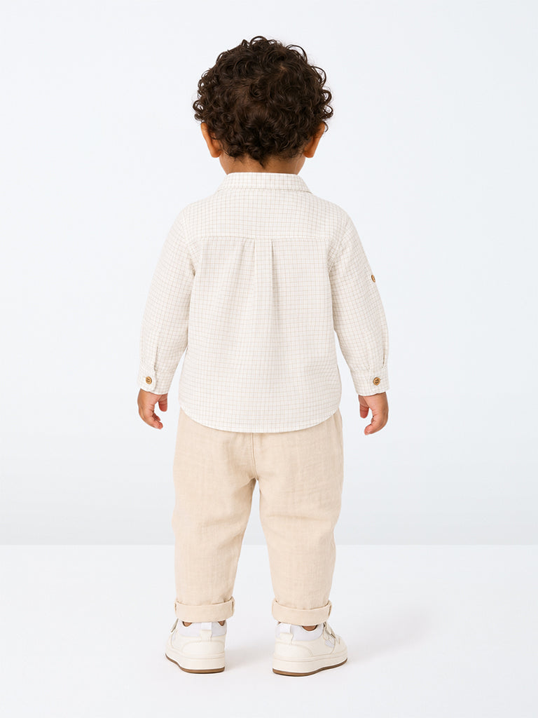HOP Baby Boys Off-White Checkered Cotton-Blend Shirt and Pants Set