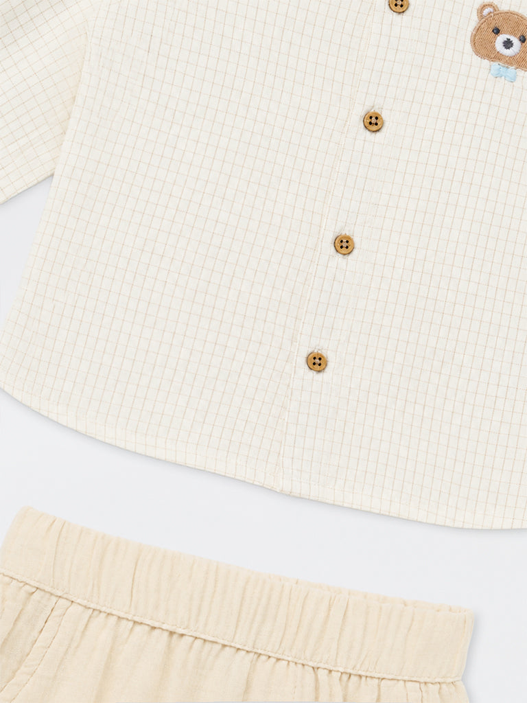 HOP Baby Boys Off-White Checkered Cotton-Blend Shirt and Pants Set