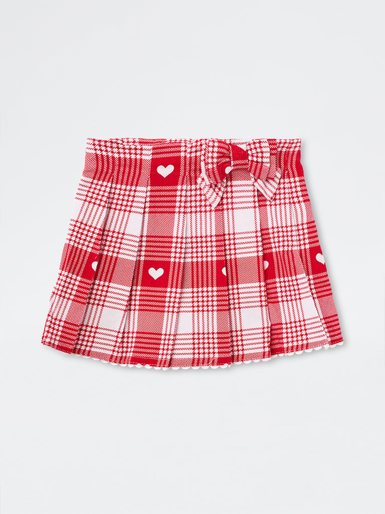 HOP Baby Girls Red Tartan Checkered High-Rise Cotton Skort