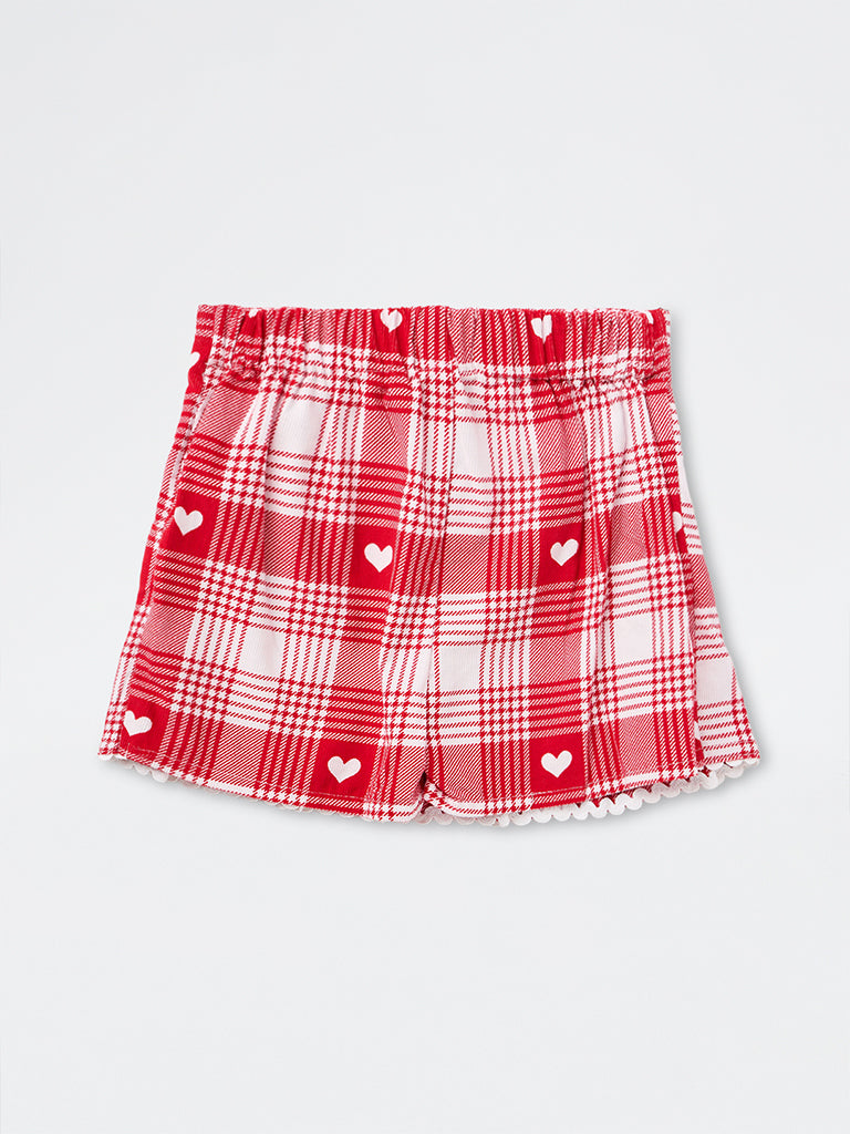 HOP Baby Girls Red Tartan Checkered High-Rise Cotton Skort