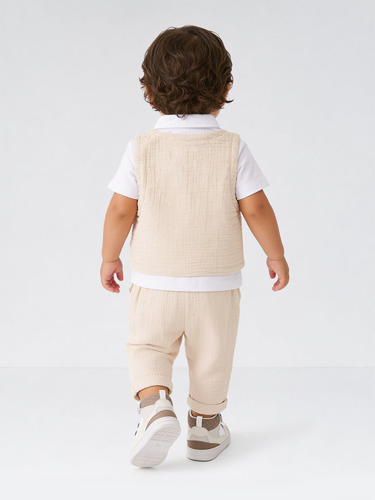 HOP Baby Boys Light Beige Cotton Shirt, Pants, Waistcoat and Bow Set