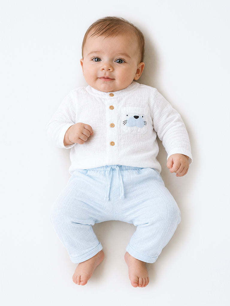 HOP Baby Boys White Crinkle-Textured Cotton Shirt and Pants Set