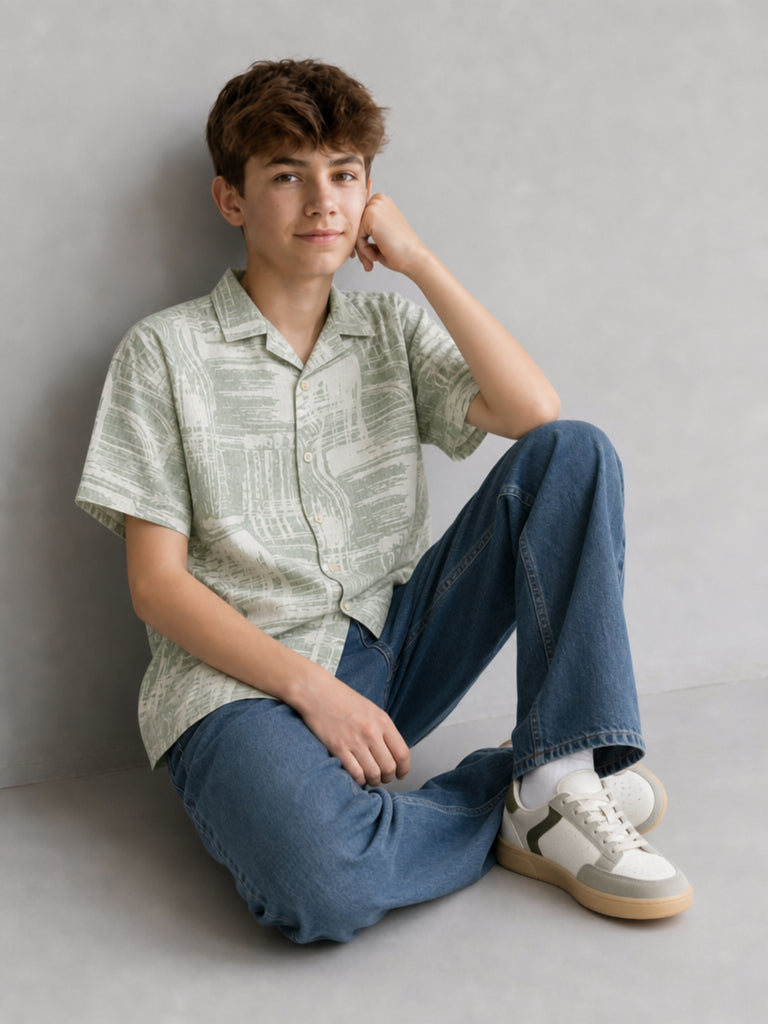 Boys Sage Green Abstract Printed Shirt