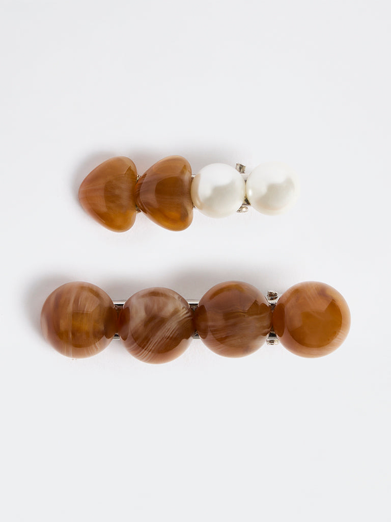Westside Accessories Brown Pearl Detail Hair Clips - Pack of 2