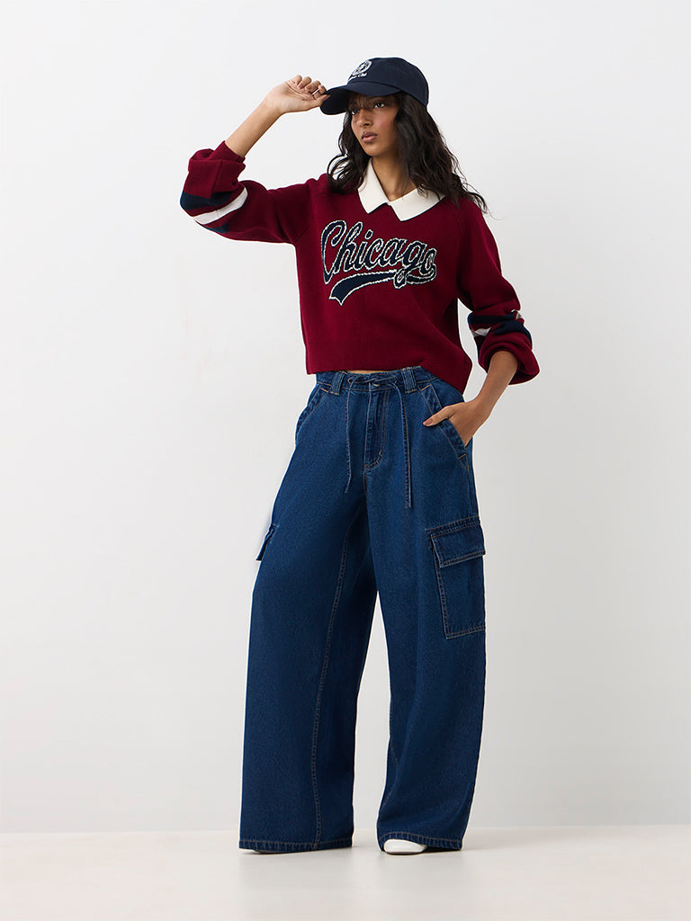 Nuon Red Typographic Knitted Sweater