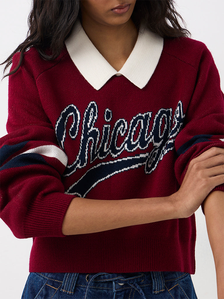 Nuon Red Typographic Knitted Sweater