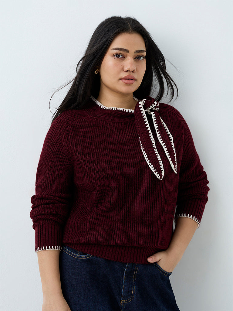 Gia Burgundy Tie-Up Detail Rib-Knitted Sweater