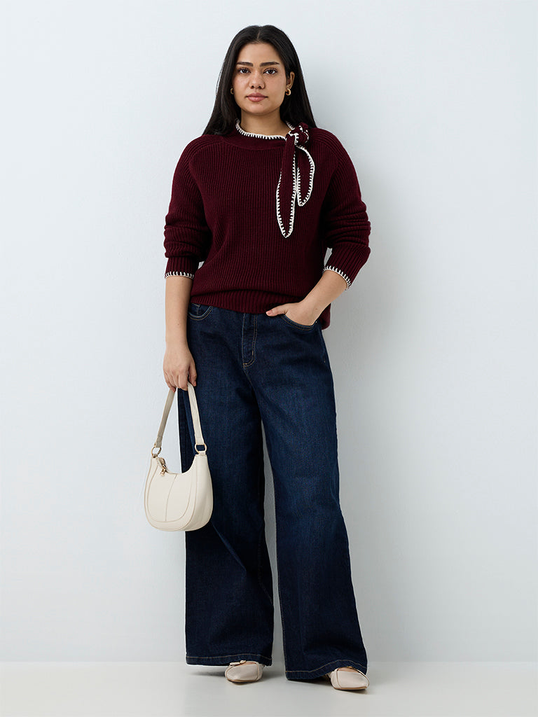Gia Burgundy Tie-Up Detail Rib-Knitted Sweater