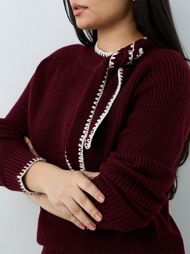 Gia Burgundy Tie-Up Detail Rib-Knitted Sweater