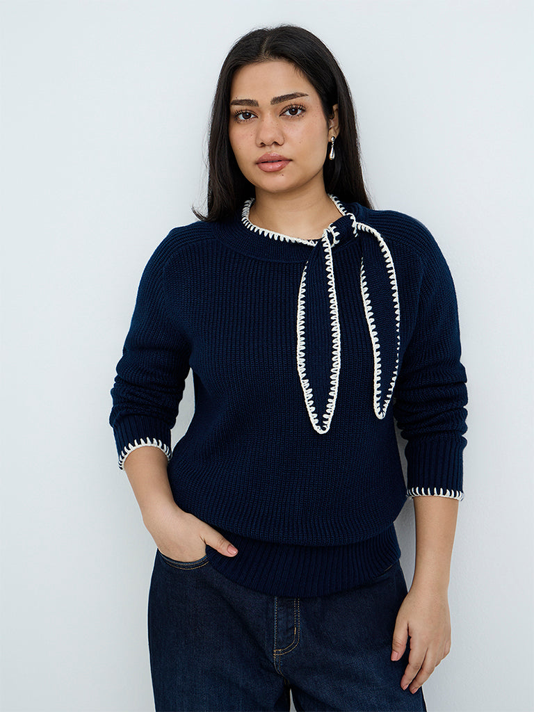 Gia Navy Tie-Up Detail Rib-Knitted Sweater