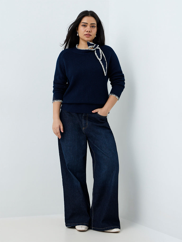 Gia Navy Tie-Up Detail Rib-Knitted Sweater
