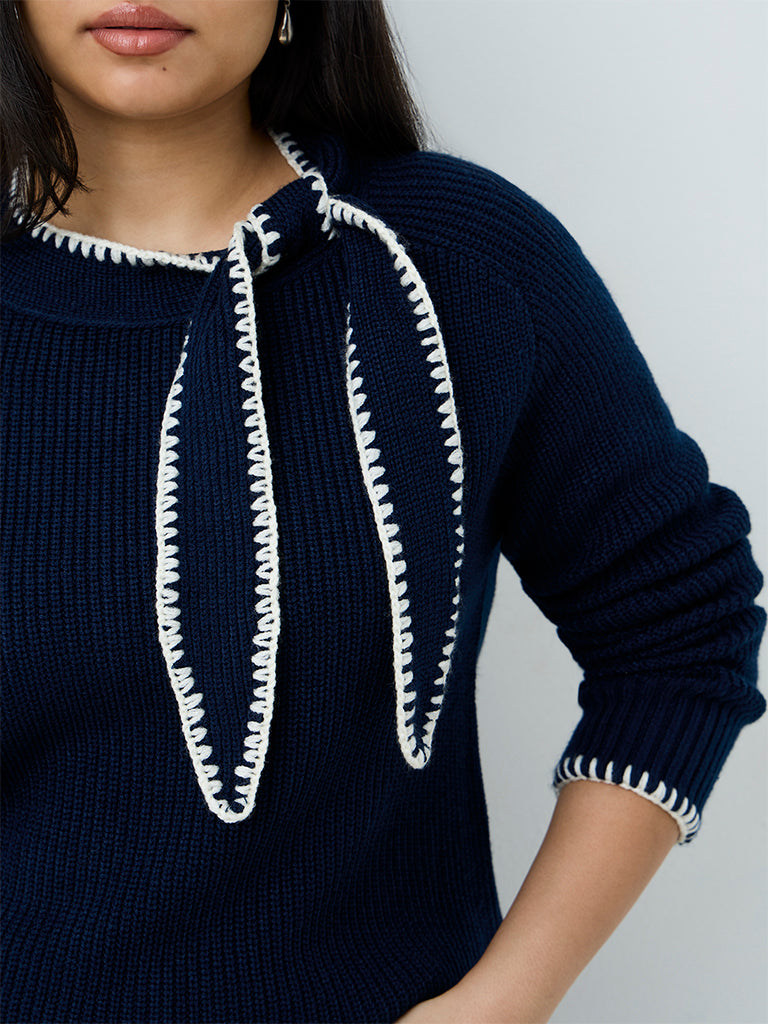 Gia Navy Tie-Up Detail Rib-Knitted Sweater
