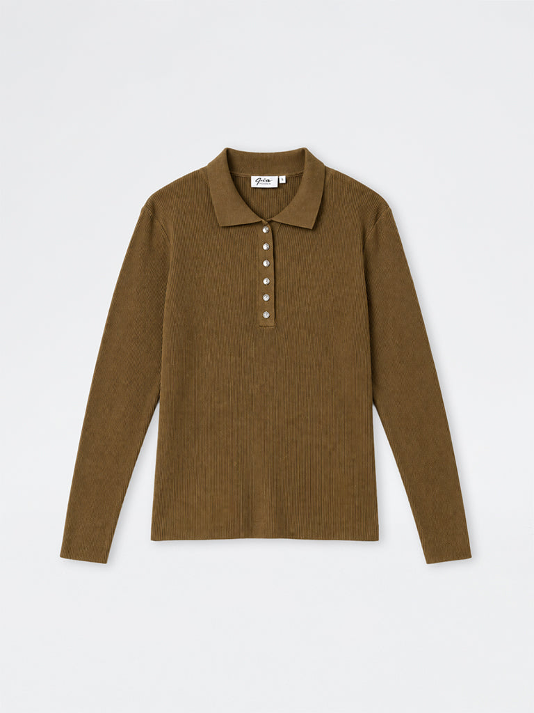 Gia Dark Brown Ribbed-Textured Polo Sweater