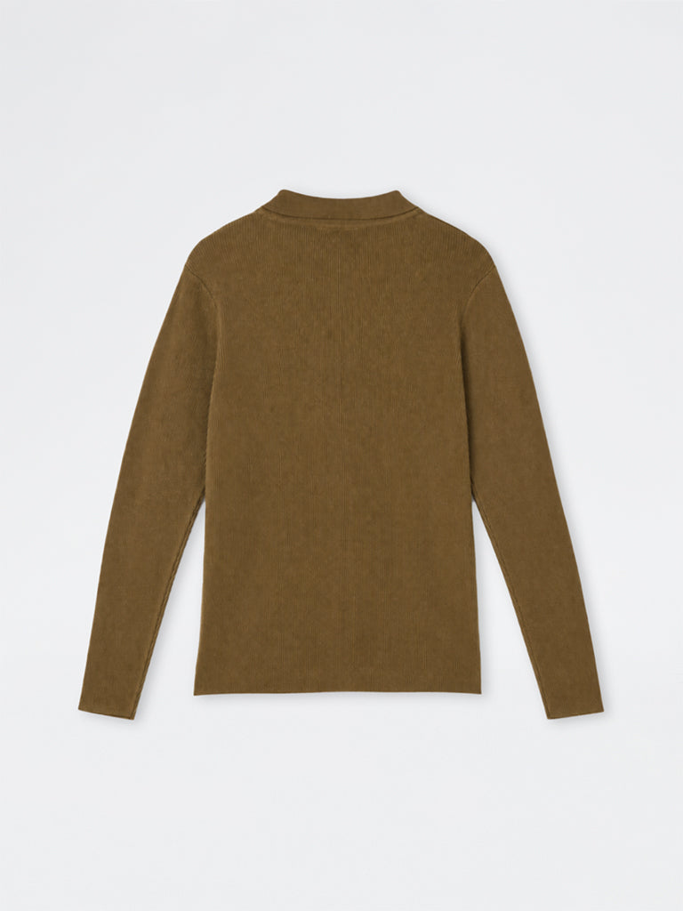 Gia Dark Brown Ribbed-Textured Polo Sweater