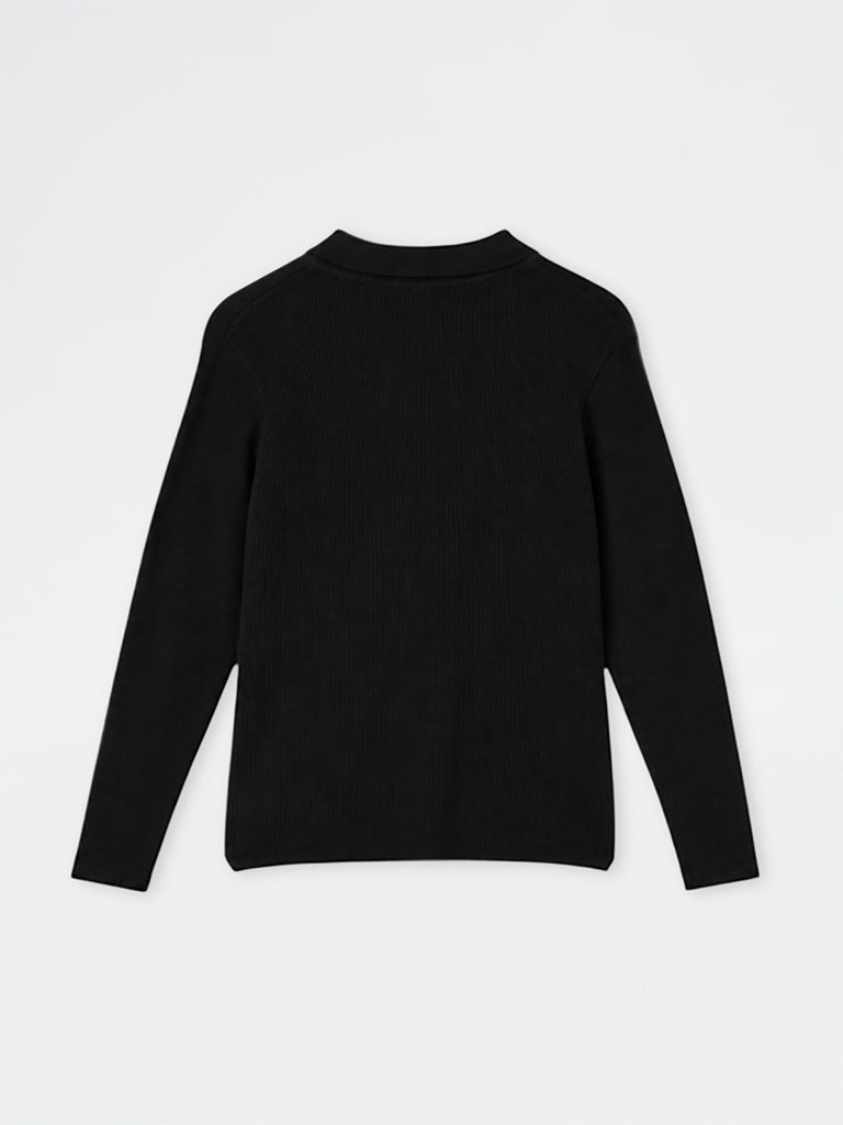 Gia Black Knit-Textured Polo Sweater