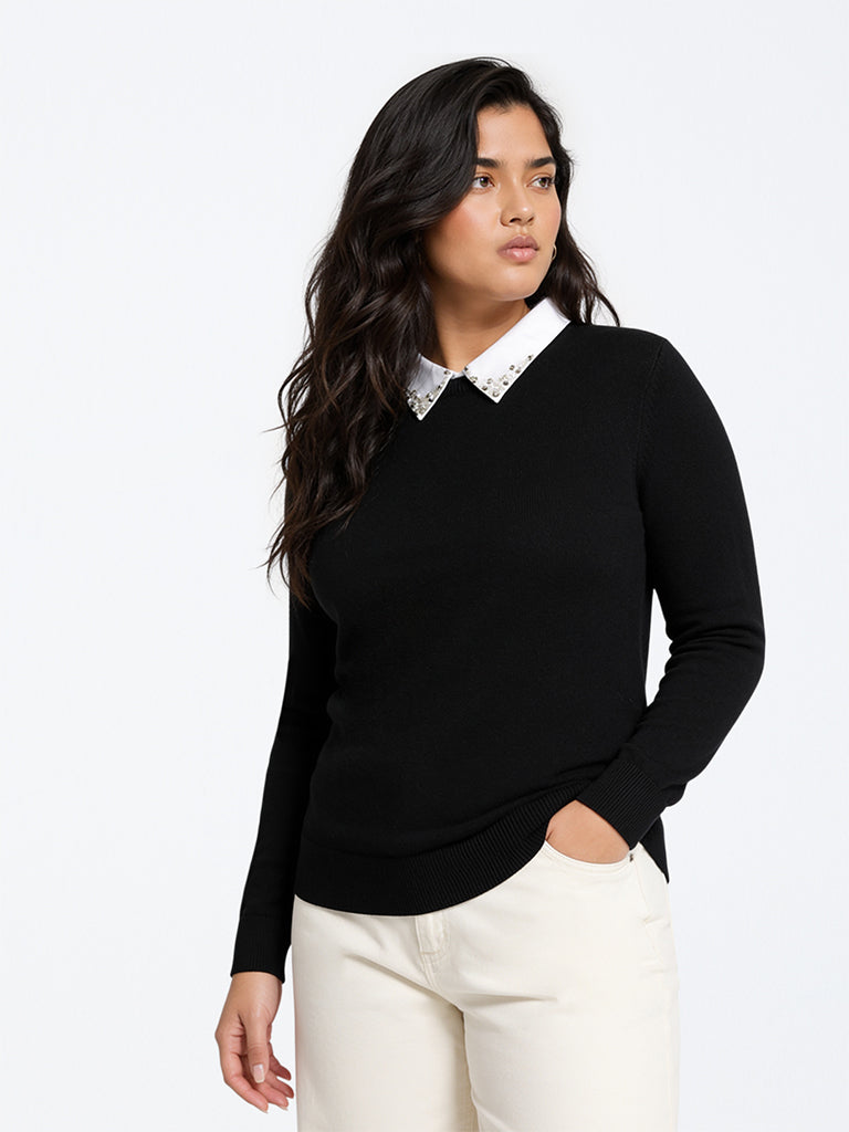 Gia Black Embellished Collared Sweater