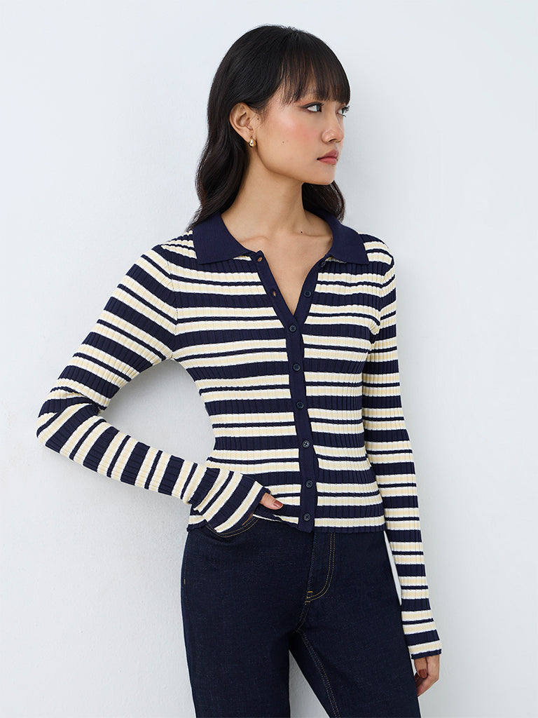 Nuon Navy Striped Ribbed-Knit Cardigan
