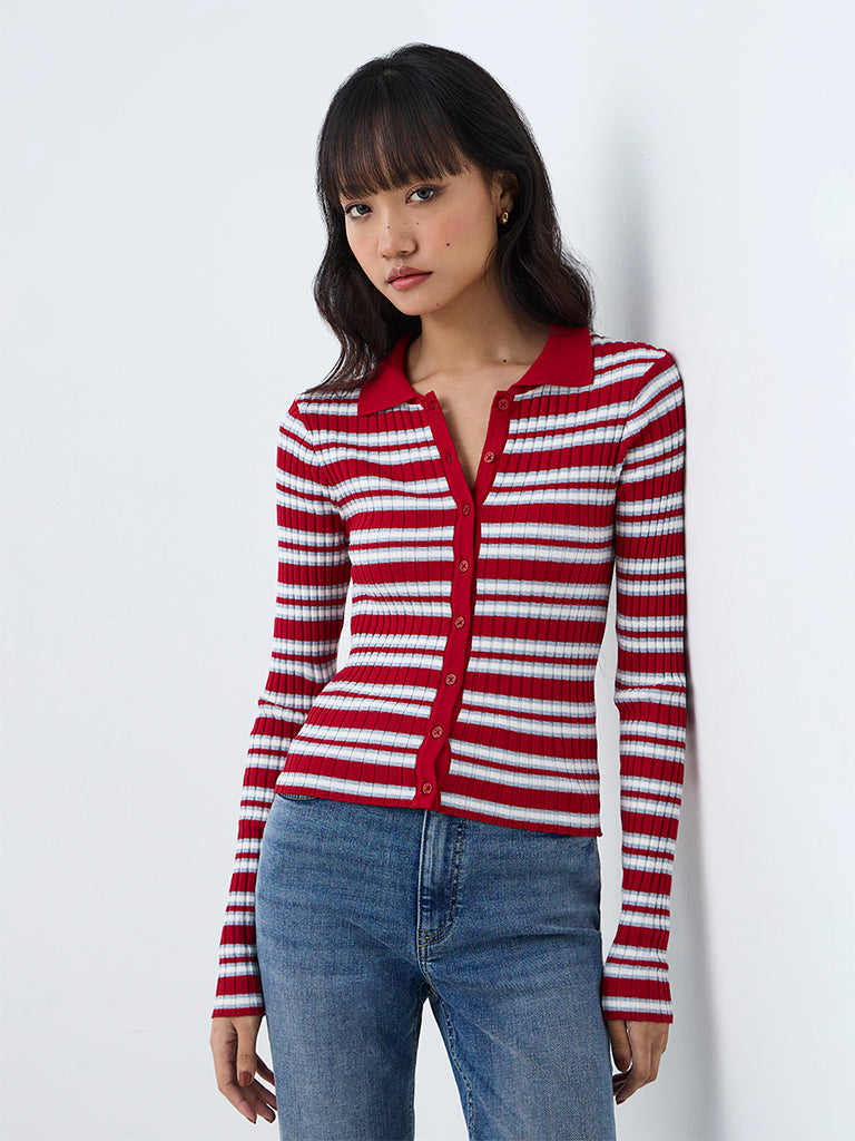 Nuon Red Striped Ribbed-Knit Cardigan