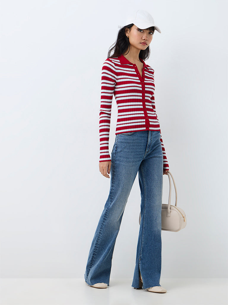 Nuon Red Striped Ribbed-Knit Cardigan