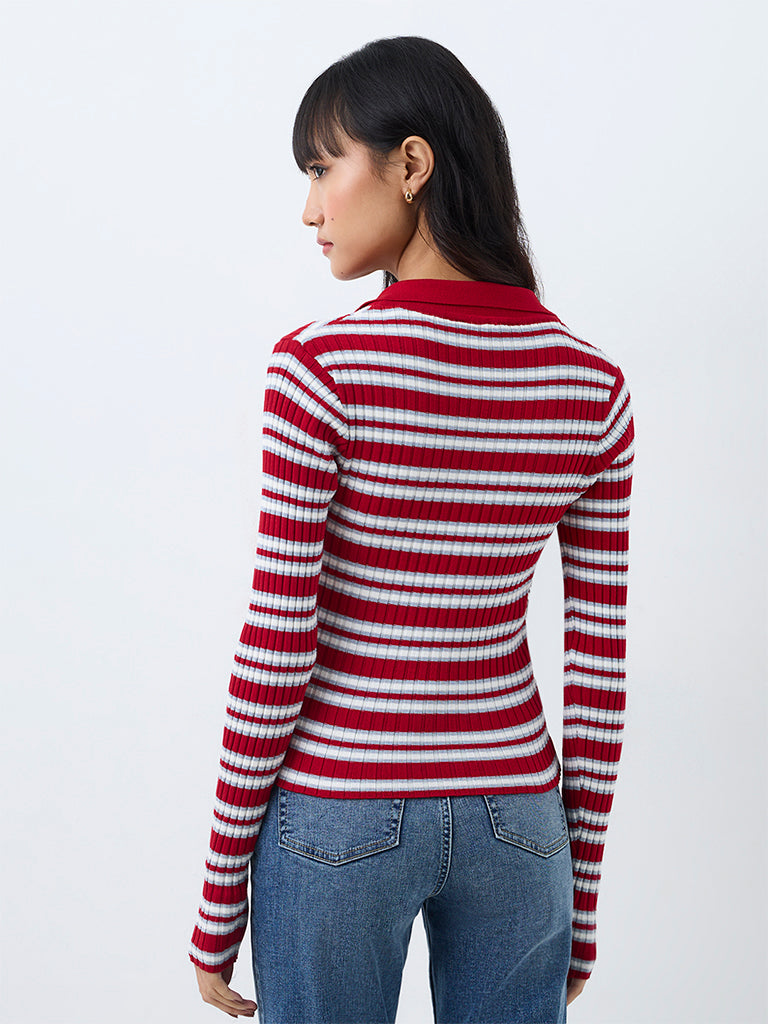 Nuon Red Striped Ribbed-Knit Cardigan