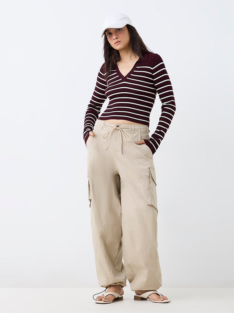 Nuon Burgundy Striped Ribbed Top