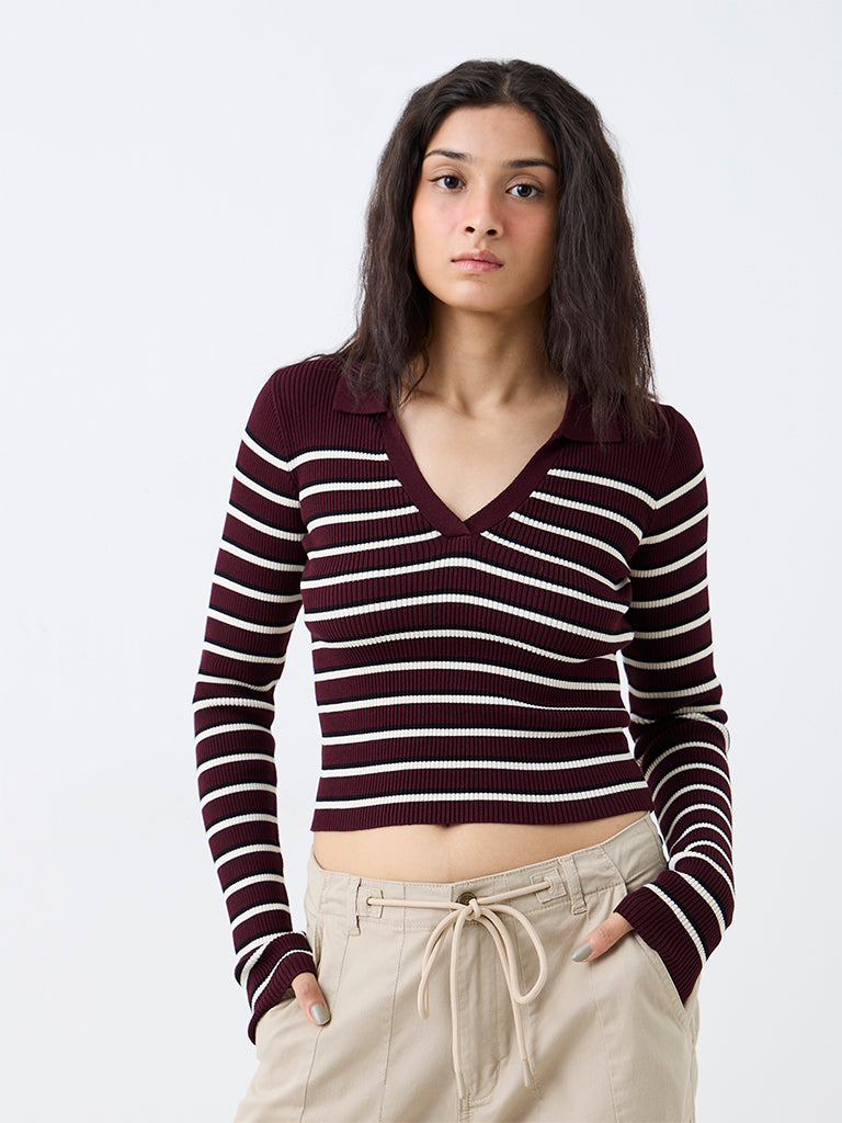 Nuon Burgundy Striped Ribbed Top