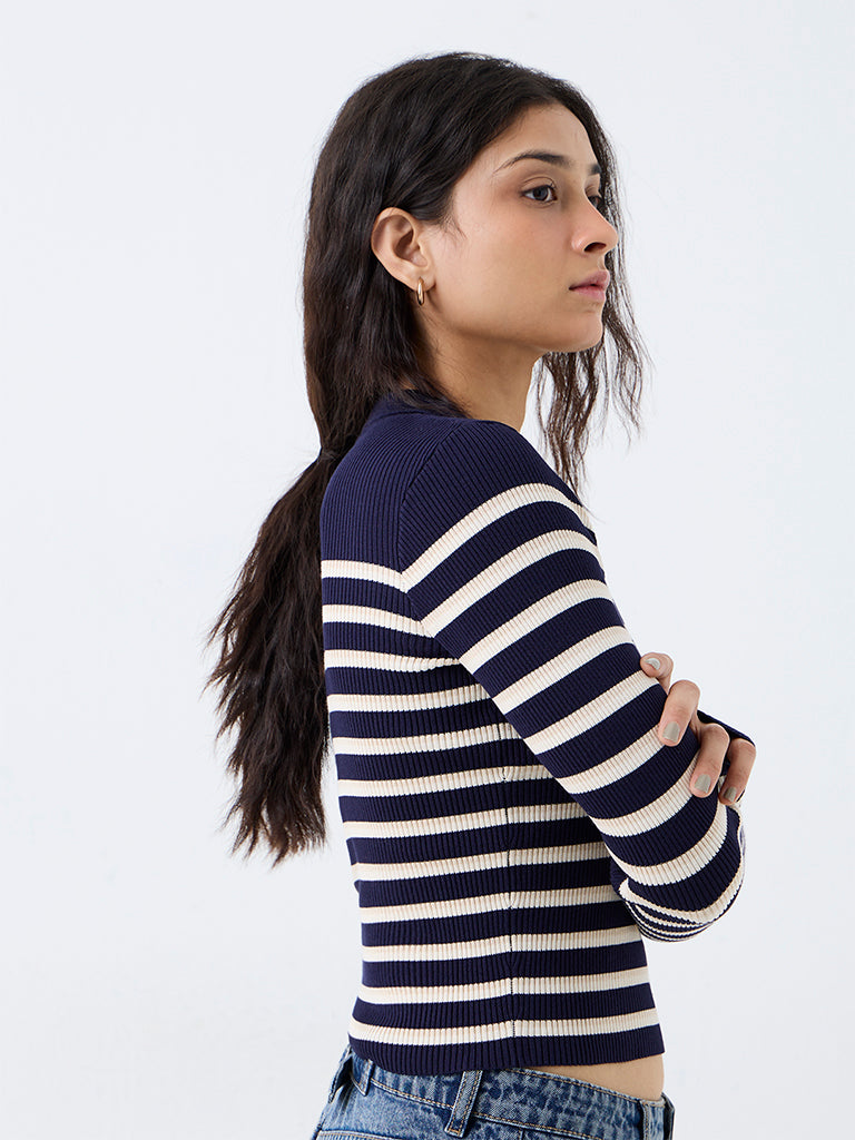 Nuon Navy Striped Ribbed-Textured Top