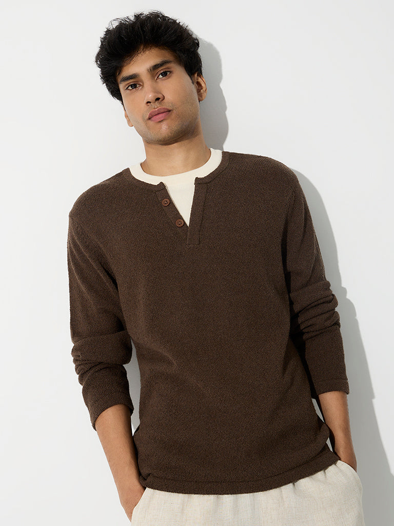 ETA Dark Brown Textured Relaxed-Fit Cotton-Blend T-Shirt