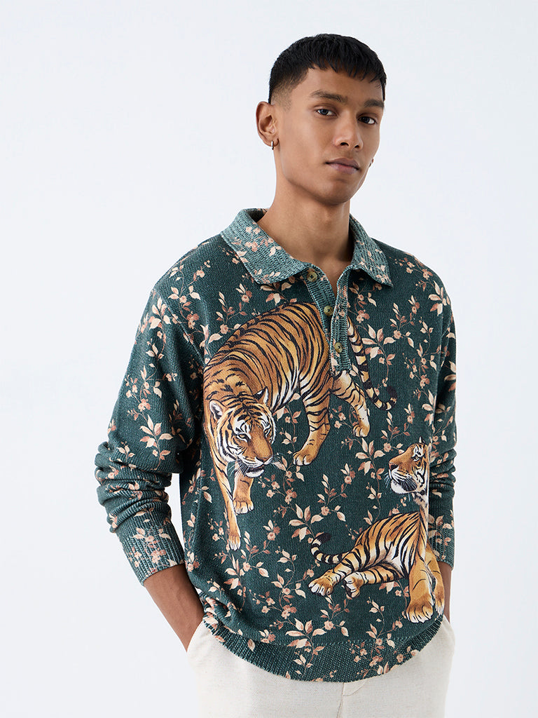 ETA Dark Teal Tiger Printed Knitted Relaxed-Fit Sweater